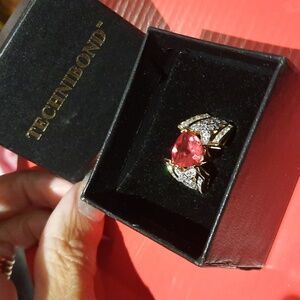 SOLID 18K YELLOW GOLD OVER STERLING SILVER RUBY HEART RING HUGS & KISSES